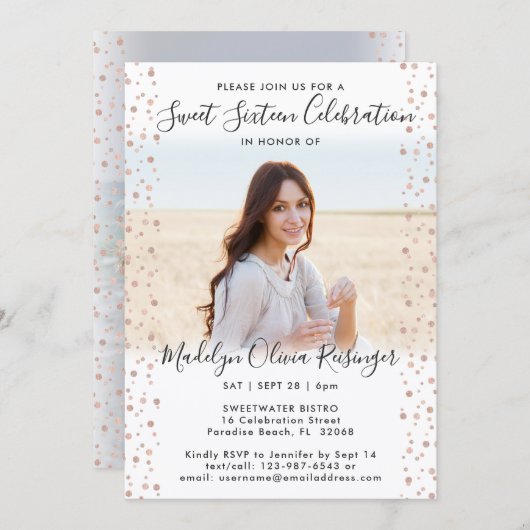 2 Foto Sweet 16 Modern Pink Rose Gold Glitzer Einladung (Vorne/Hinten)