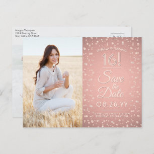 2 Foto Sweet 16 Save the Date Rose Gold Glitzer Einladungspostkarte