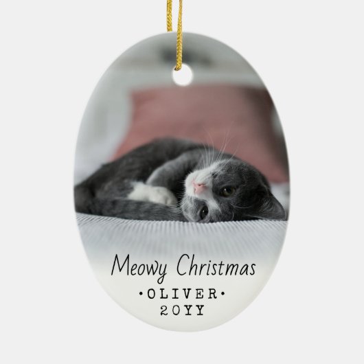 2 Foto Text Meowa Weihnachtskatze Einfach Weiß Keramik Ornament (Hinten)
