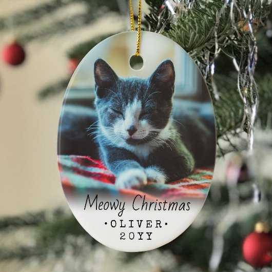 2 Foto Text Meowa Weihnachtskatze Einfach Weiß Keramik Ornament