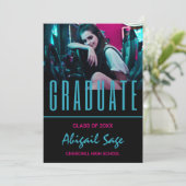 2 Foto Trendy Modern Aqua Pink Black Abschluss Einladung (Stehend Vorderseite)