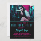 2 Foto Trendy Modern Aqua Pink Black Abschluss Einladung (Rückseite)