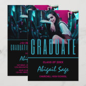 2 Foto Trendy Modern Aqua Pink Black Abschluss Einladung (Vorne/Hinten)