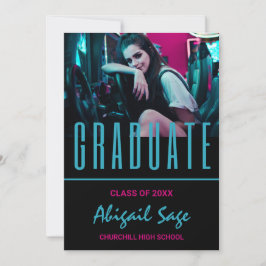 2 Foto Trendy Modern Aqua Pink Black Abschluss Einladung