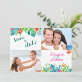 2 Foto Tropisches Berry Pink Aquamarines Blümchen Save The Date (Stehend Vorderseite)