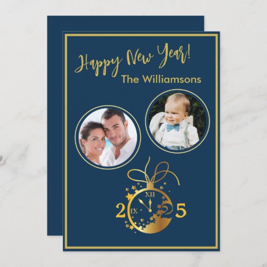 2 Foto-Uhr-Karte zum Jahreswechsel - Happy New Yea Einladung (Vorne/Hinten)