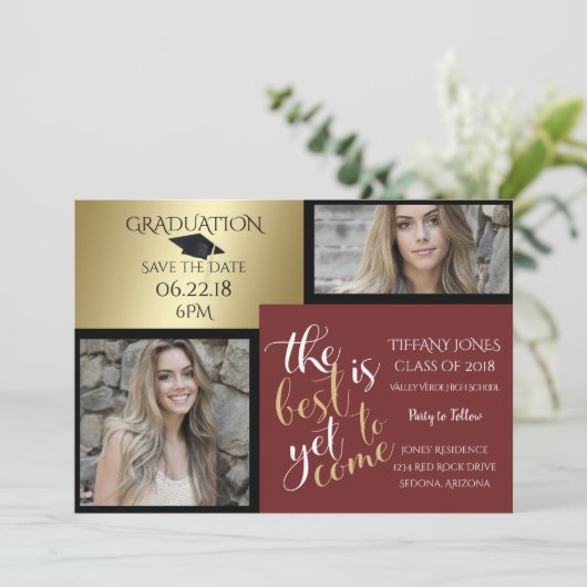 2 FOTO und WÄHLEN SIE IHREN FARBE Burgund Abschlus Einladung (Stehend Vorderseite)