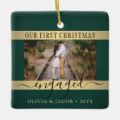 2 Foto Weihnachten Verlobung Grün und Imitate Gold Keramikornament (Vorderseite)