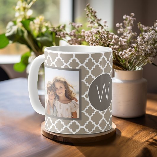 2 FotoCollage - Taupe Quatrefolie und Monogramm Kaffeetasse