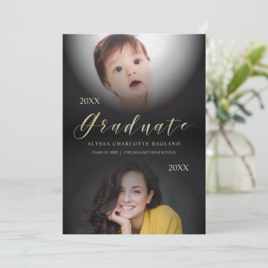 2 Fotos Abschluss Dann & Jetzt Moderne Einladung (Stehend Vorderseite)