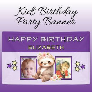 2 Fotos Faultier Geburtstagsname Kinder lila Party Banner