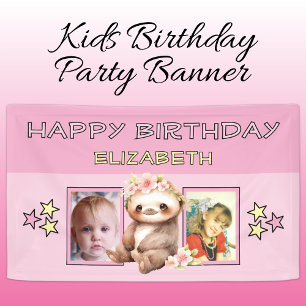 2 Fotos Faultier Geburtstagsname Kinder rosa Party Banner