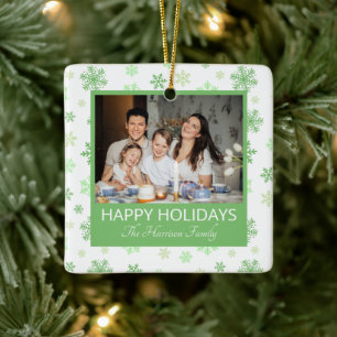 2 Fotos Frohe Feiertage Familie Grüne Schneeflocke Keramikornament