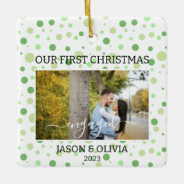 2 Fotos Green Polka Dot Erste Weihnacht Verlobt Keramikornament