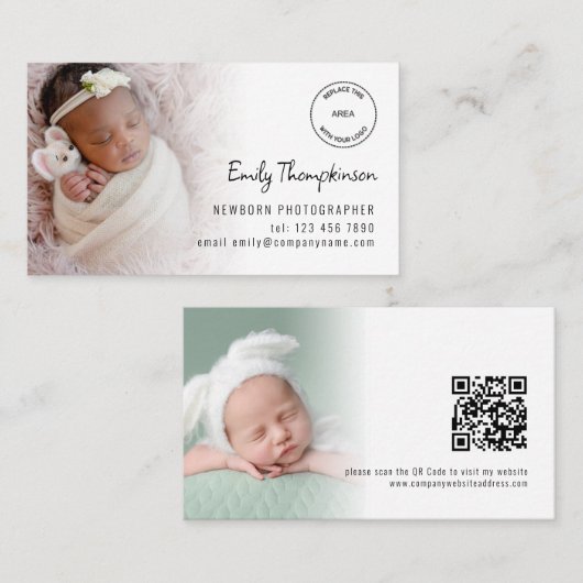 2 Fotos Logo QR Code Baby Fotograf Visitenkarte (Vorne/Hinten)