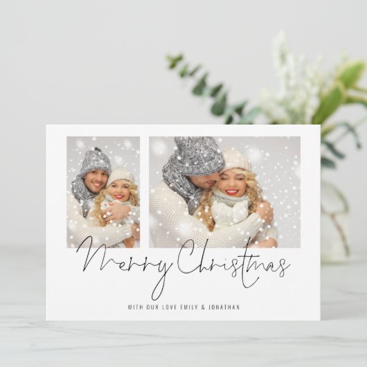 2 Fotos Script Couple Mercury Christmas Card (Stehend Vorderseite)