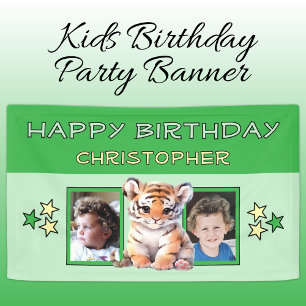 2 Fotos Tiger Geburtstag Name Kinder grüne Party Banner