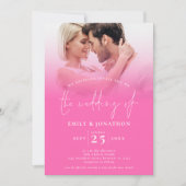 2 Fotos überlagern Skript QR Code Hot Pink Wedding Einladung (Vorderseite)