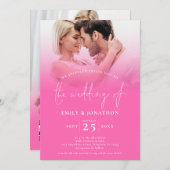 2 Fotos überlagern Skript QR Code Hot Pink Wedding Einladung (Vorne/Hinten)