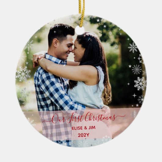 2 Fotos Unser erstes Weihnachtskuchenschnee Elegan Keramik Ornament (Vorne)