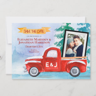 2 Fotos Vintage roter LKW Winter Weihnachten Save The Date