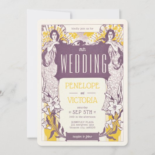 2 Frauen und Lilies Letterpress Style Wedding Einladung (Vorderseite)