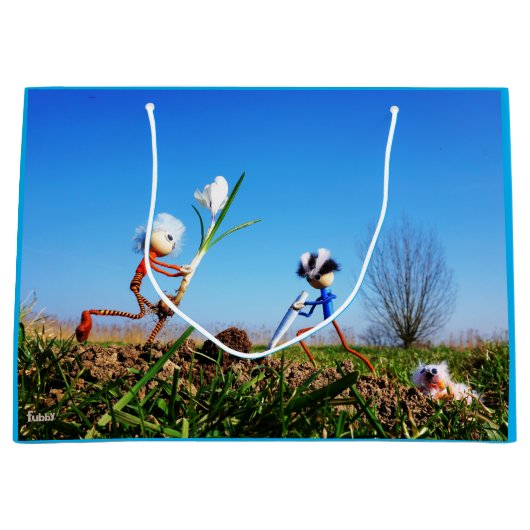 2 Fubby's die een bol krokus planten. Große Geschenktüte (Vorderseite)