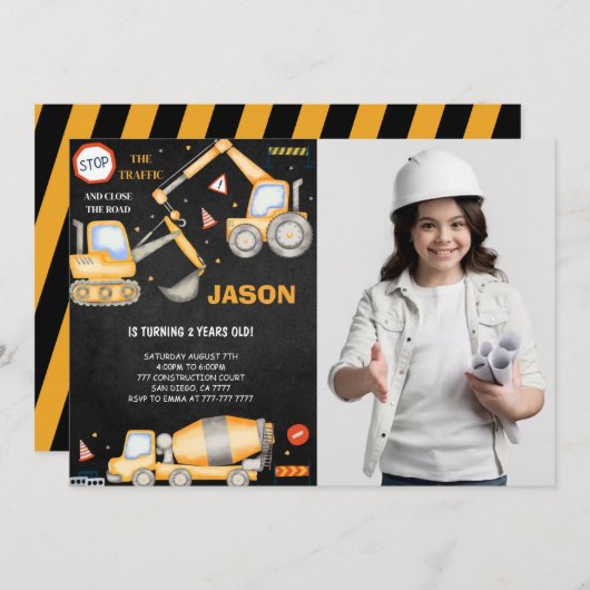 2. Geburtstag Bauboy Foto Einladung (Vorne/Hinten)