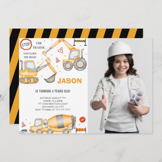 2. Geburtstag Bauboy Foto Einladung (Vorne/Hinten)