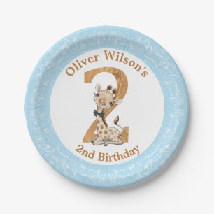 2. Geburtstag Blue Boy Baby Giraffe Papierplatte Pappteller