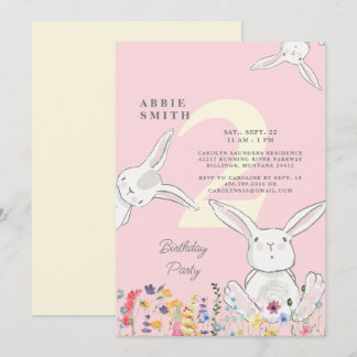 2. Geburtstag Bunnies & Wildblumen Rosa & Gelb Einladung