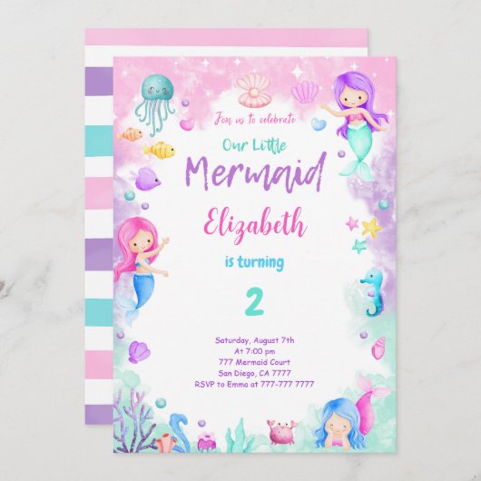 2. Geburtstag der Meerjungfrau Einladung (Vorne/Hinten)