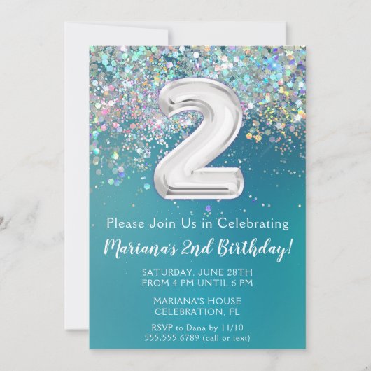 2. Geburtstag Einladung Aquamariner Silberner Glit (Vorderseite)