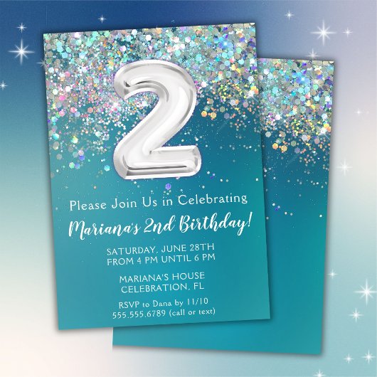 2. Geburtstag Einladung Aquamariner Silberner Glit