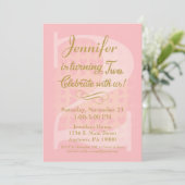 2. Geburtstag Einladung Girls Pink Goldene Herzen (Stehend Vorderseite)