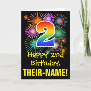 2. Geburtstag: Fun Fireworks Pattern + Regenbogen  Karte