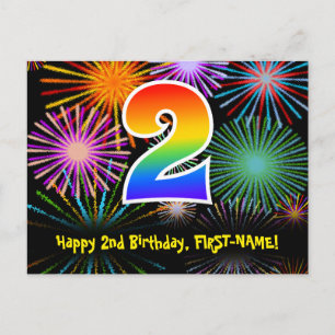2. Geburtstag - Fun Fireworks Pattern + Regenbogen Postkarte