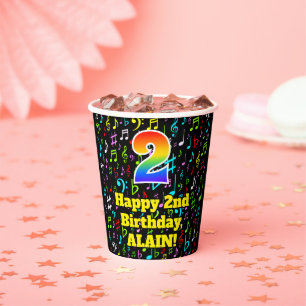 2. Geburtstag: Fun Musiknotens Pattern, Regenbogen Pappbecher