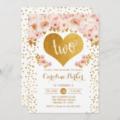 2. Geburtstag - Goldenes Herz Weißes Rosa Bläschen Einladung (Vorne/Hinten)