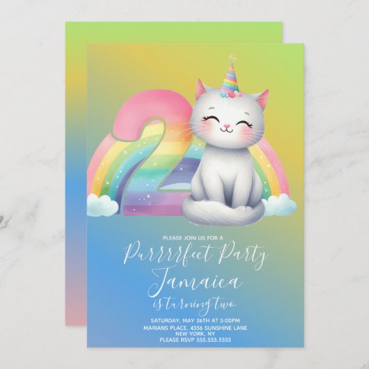 2. Geburtstag Kitten Rainbow Party Einladung (Vorne/Hinten)