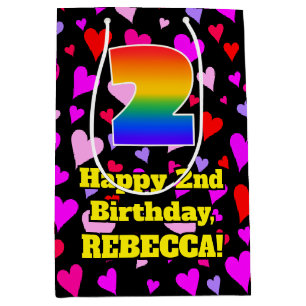2. Geburtstag: Liebesherzen-Muster, Regenbogen # 2 Mittlere Geschenktüte