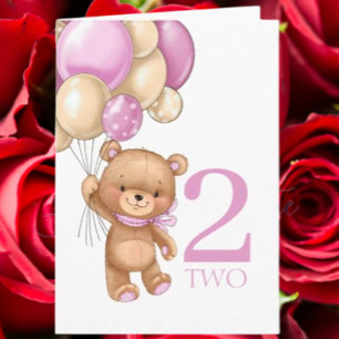 2. Geburtstag niedliche rosa Ballons Girl Teddy Ca Karte