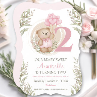 2. Geburtstag Niedlicher Teddy Bären Herzblasen Ro Einladung