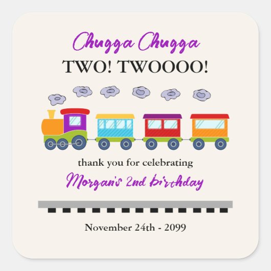 2. Geburtstag Niedlicher Zug Quadratischer Aufkleber (Vorderseite)