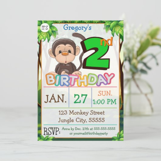 2. Geburtstag Party Affe Custom Einladung (Stehend Vorderseite)