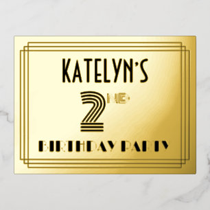 2. Geburtstag Party ~ Art Deco Stil "2" + Name Folie Einladungspostkarte
