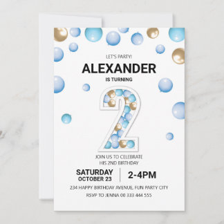 2. Geburtstag Party, Blue and Gold Balloon Boy Einladung