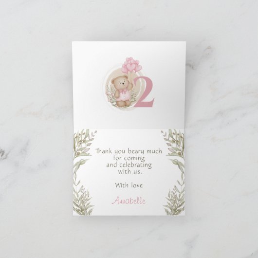 2. Geburtstag Pink Bär Danke Karte (Innenseite)