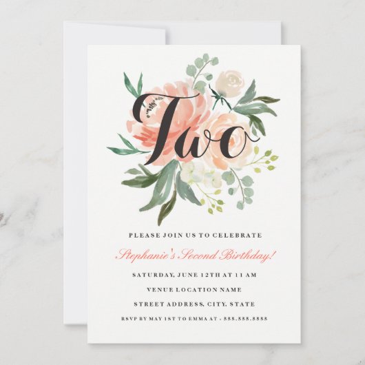 2. Geburtstag Pink Pfirsichblüte Zwei Einladung (Vorderseite)