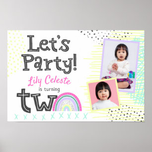 2. Geburtstag Retro 90er Regenbogen ZWEI Willkomme Poster